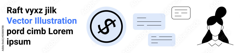 Woman avatar, dollar circle icon, and chat bubbles visualizing communication, personal finance, and messaging. Ideal for financial tools, social media, user profiles, apps consulting teamwork Woman avatar, dollar circle icon, and chat bubbles visualizing communication, personal finance, and messaging. Ideal for financial tools, social media, user profiles, apps consulting teamwork