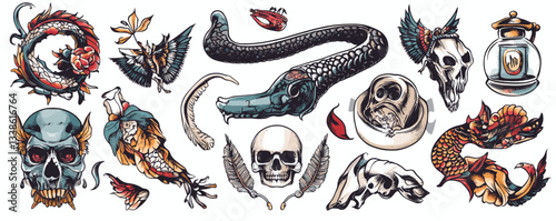 Various tattoo designs featuring skulls, serpents, and mythical creatures in vivid colors.