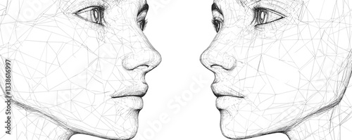 Wireframe faces in symmetry: artistic representation of human profiles in black and white.