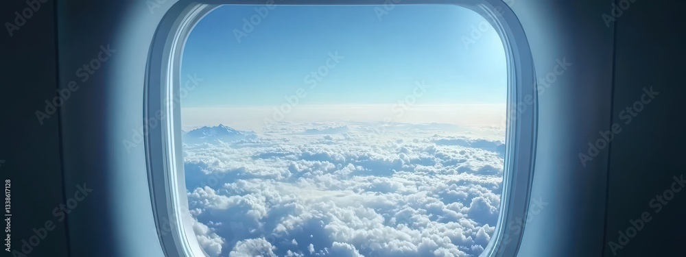 Clear Sky View from Airplane Window Above Beautiful White Clouds Clear Sky View from Airplane Window Above Beautiful White Clouds