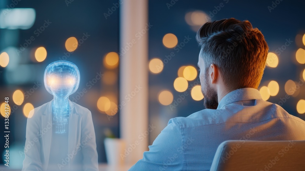 Man Interacts With Virtual Ai Hologram At Office Desk