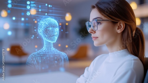 Woman Observes Ai Hologram In A Sophisticated Setting