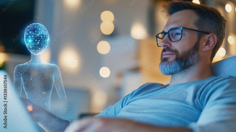Man Engaging With Ai Holographic Figure In Evening