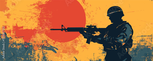 Silhouette of soldier with rifle against abstract background with large red circle.