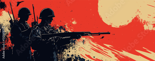 Silhouette of two soldiers against dramatic red sunset background with birds.