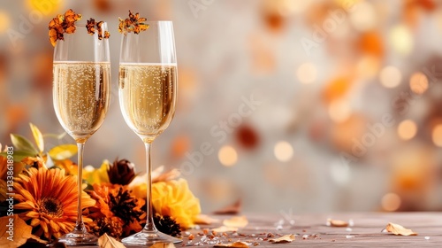 Fototapeta Naklejka Na Ścianę i Meble -  Two champagne flutes adorned with autumn leaves and bright flowers, capturing the essence of fall gatherings and celebrations in a warm, inviting setting.