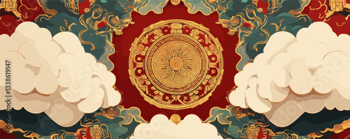 Intricate asian mural with central golden sun and traditional patterns surrounded by clouds.