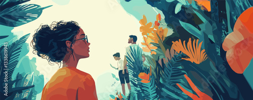 Three people exploring vibrant jungle landscape with lush greenery.