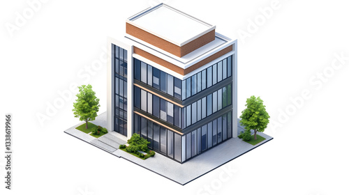 Modern office building 3D isometric illustration, corporate and commercial urban structure, real estate and business concept, Transparent Background PNG