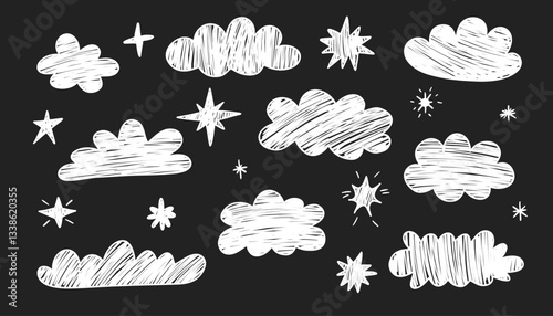 Set of hand drawn doodle clouds and stars. Various pencil childish icons, weather elements. Vector illustration.