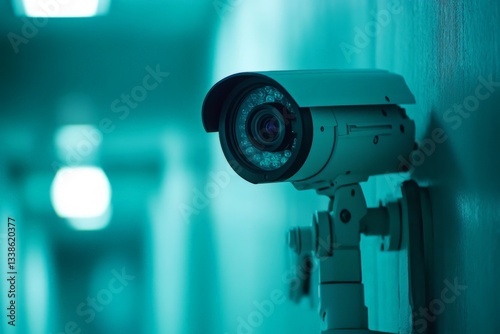 Security camera monitors hallway in dimly lit environment with blue-green lighting accent
