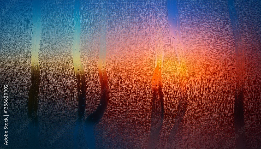 Fototapeta premium Beautiful Sunset Reflected on a Window With Vapor Droplets Creating an Artistic Pattern
