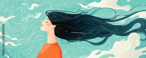 Peaceful woman with flowing hair in dreamy sky illustration.