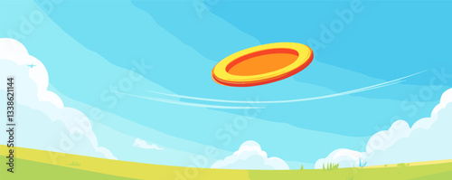 Bright yellow frisbee soaring through clear blue sky over green field with clouds.
