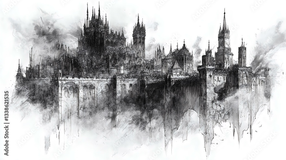 Fototapeta premium A sprawling, intricate medieval cityscape shrouded in mist, showcasing towering spires and gothic architecture in black and white.