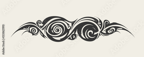 Elegant tribal tattoo design with symmetrical swirls and curves in black on light background.