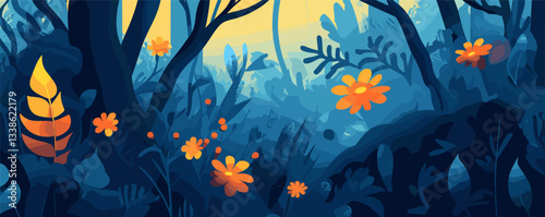 Vibrant forest with orange flowers at sunrise in enchanting blue tones.
