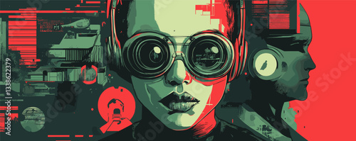 Futuristic cyberpunk art featuring woman in goggles and male figure in abstract background.