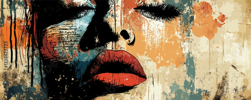 Abstract woman's face: vibrant expressionist portrait with closed eyes and red lips.