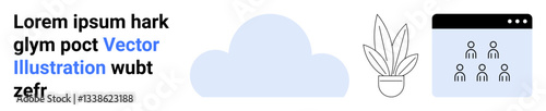 Blue cloud, minimalist plant drawing, digital meeting window with participant icons. Ideal for teamwork, collaboration, cloud storage, virtual meetings, digital systems, clean UI design flat landing