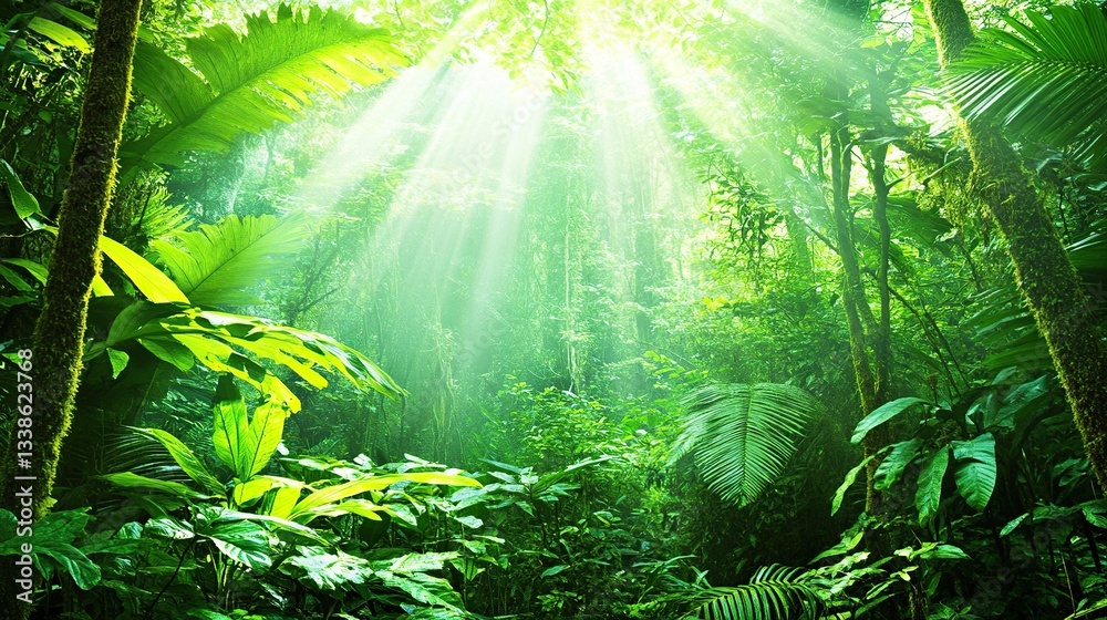 Obraz premium Sunbeams pierce lush rainforest, jungle foliage background, nature scene