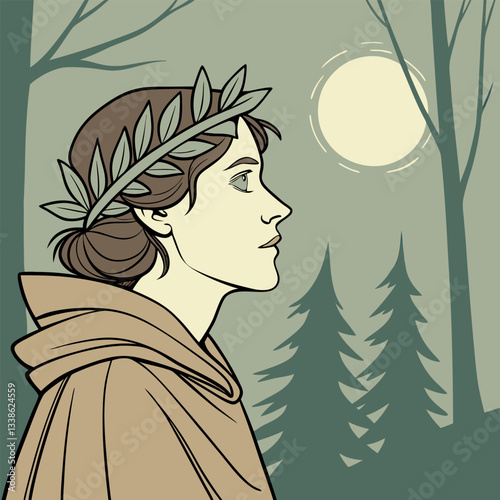 Moonlit Forest Woman: Profile Illustration -  Olive Green, Beige, Line Art.