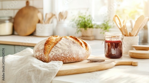 Artisan Bread and Delightful Treats: A rustic loaf of artisan bread rests invitingly alongside a jar of delectable jam, creating a picture of warmth, home, and indulgence.