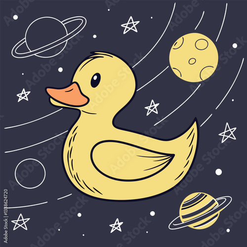 Cute Yellow Rubber Ducky in Space - Celestial Cartoon Illustration.