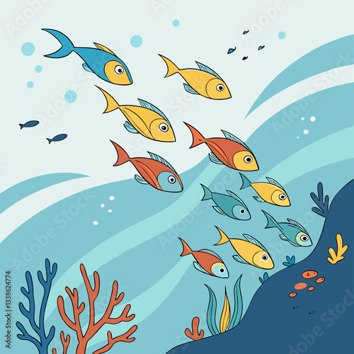 Playful School of Colorful Fish Underwater Illustration - Cartoon Style.