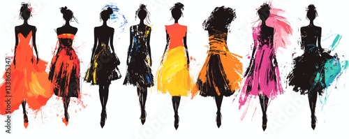 Vibrant fashion illustration featuring eight stylish women in colorful dresses.
