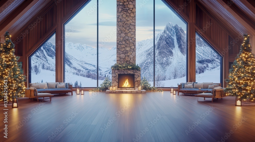 Fototapeta premium Cozy Cabin: Interior of a cozy cabin with a fireplace, Christmas trees, and large windows overlooking a snow-covered mountain landscape.