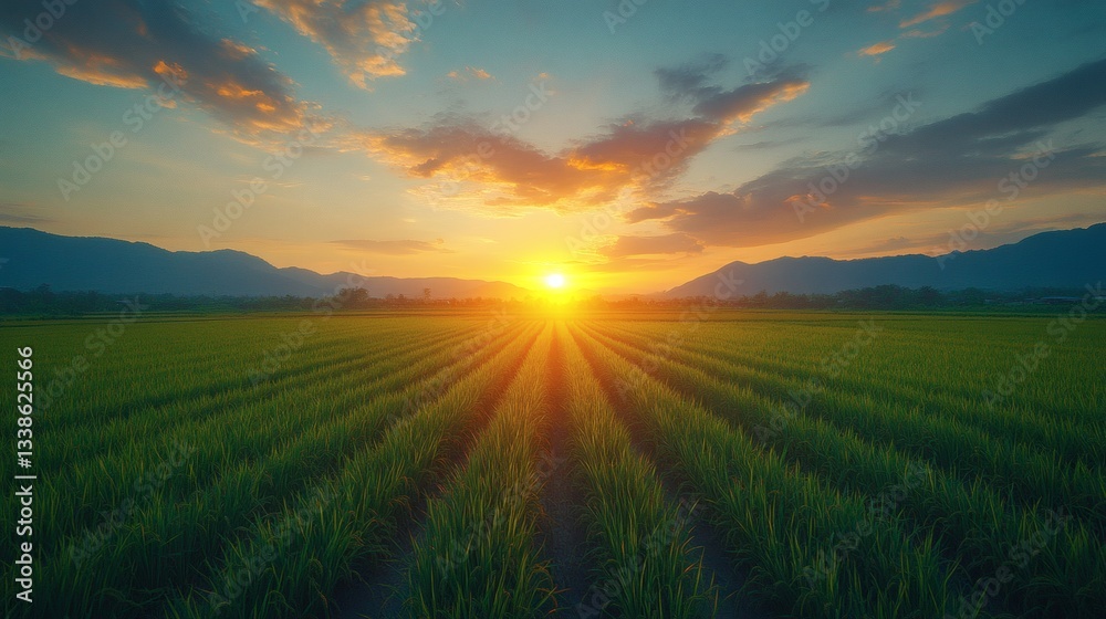 Obraz premium a breathtaking sunrise over a field, creating a stunning landscape with vibrant colors