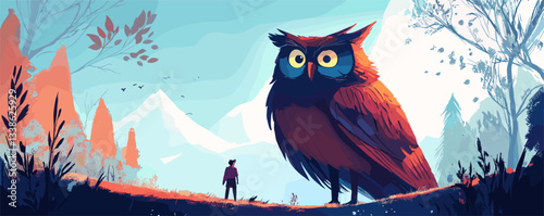 Giant owl with human in vibrant forest scene featuring majestic mountains and blue sky.
