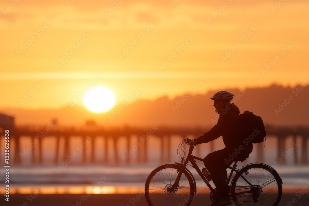 Obraz premium Cyclist enjoying a sunset ride along the beach with a pier in the background