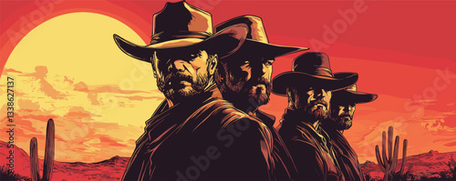 Sunset silhouette: four pensive cowboys in hats against a vibrant western sky.
