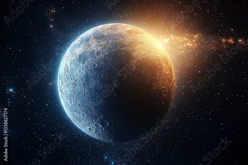 Moon illuminated by sunlight in a stunning cosmic landscape with stars and galaxies