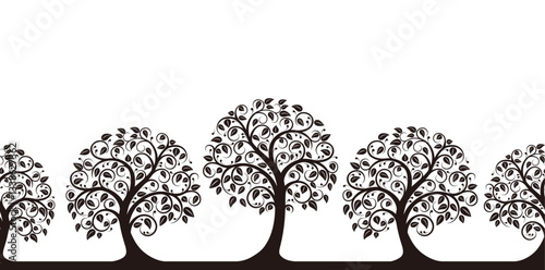 Vector Monochrome Seamless Row Of Trees Silhouette Illustration Isolated On A White Background. Horizontally Repeatable.
