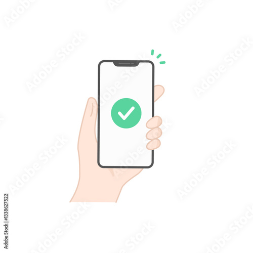 手に持ったスマホに表示されたチェックマークの完了アイコン (線画・フラット)