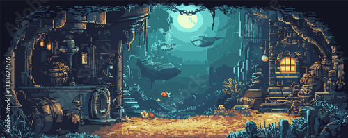 Whimsical underwater village with moonlit sky and submarine creatures in pixel art.