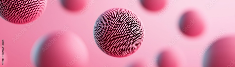 A collection of abstract spheres in a soft pink background, featuring a textured surface that creates a sense of depth and dimension.