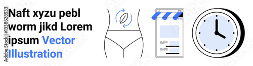 Waistline with circular arrows, e-store app window, analog clock. Ideal for health, weight loss, time tracking, e-commerce, online services, scheduling and simple landing page