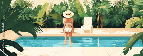 Woman relaxing by poolside in tropical garden oasis with lush green foliage.
