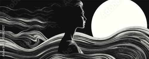 Silhouette of woman with flowing hair against moonlit sky in black and white illustration.