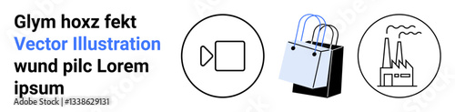Video play circle, shopping bags in black and white, industrial factory with smoke. Ideal for technology, e-commerce, sustainability, industry, production, business promotional flat landing page