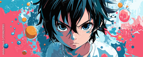 Intense anime boy with black hair in colorful splash background artwork.