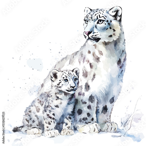 A watercolor vector painting of a mother snow leopard with her kid, isolated on a white background. Snow leopard vector.

