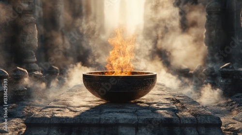 Wallpaper Mural Burning bowl, ancient temple, mystical smoke, sunrise, spiritual ritual Torontodigital.ca