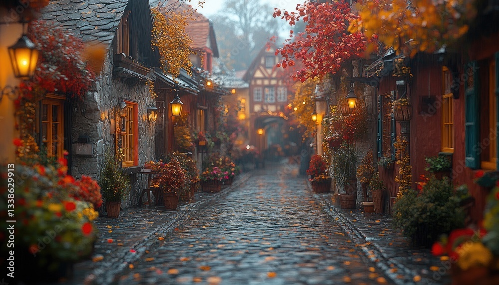Fototapeta premium A quaint cobblestone street surrounded by autumn foliage and lighting