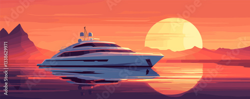 Luxurious yacht at sunset on calm sea with mountains in background.