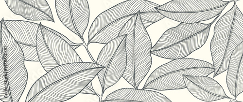 Botanical line art background vector. Natural botanical elegant with gray line art on beige background. Design illustration for decoration, wall decor, wallpaper, cover, banner, card.